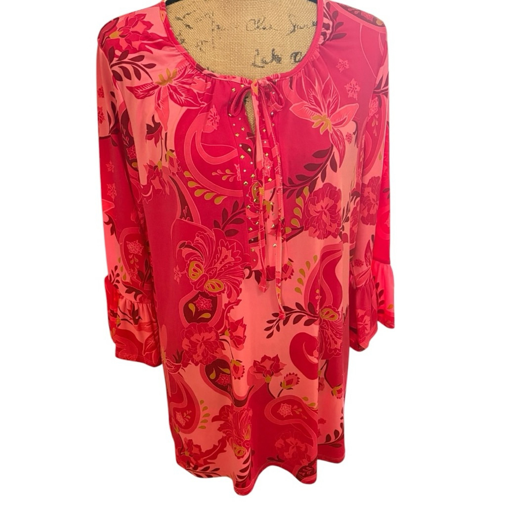 JM Collection Glamorous Vines Embellished Tunic with Ruffle Sleeves Size L NWT - Picture 2 of 8